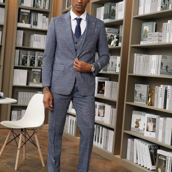 Grey/Orange Windowpane 3 Piece Stacy Adams Men's Suit - Picture 4 of 6